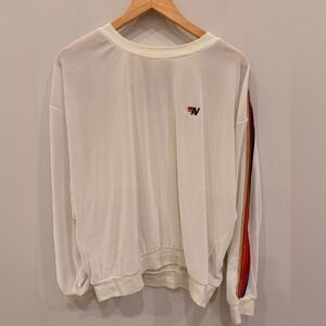 Aviator Nation White Velour Sweatshirt Rainbow Stripe Sleeve Size M‎ NWOT